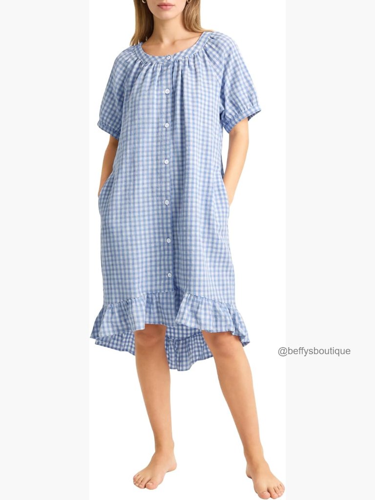 Cotton Gingham Nightgown Short Sleeve Sleepshirt With Pockets Button Down Midi